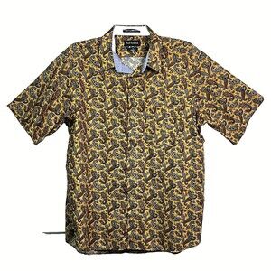 Gold Paisley Paul Fredrick Shirt Short Sleeve Long Staple Cotton Classic Fit XL